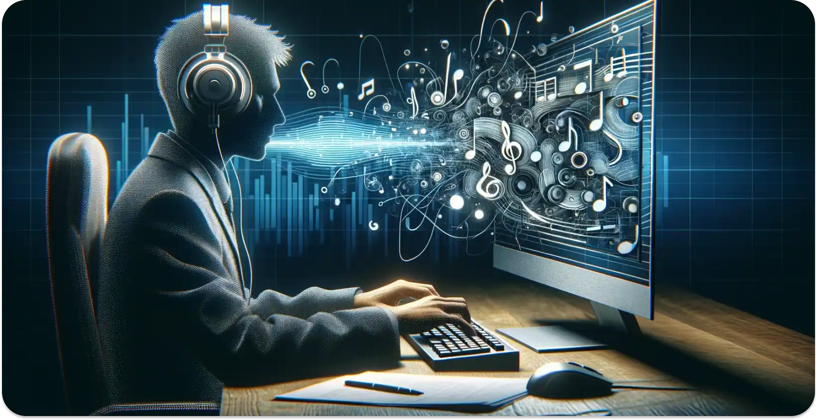 Digital illustratør av en transkripsjonist med abstrakte lydelementer som kommer fra skjermen.