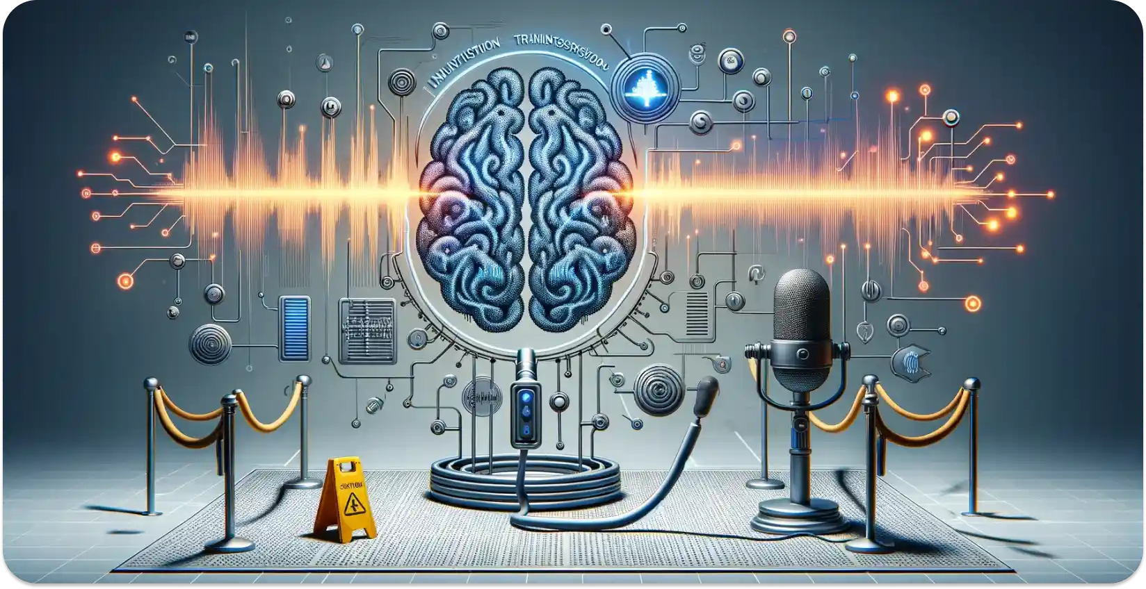 Arte conceitual de um cérebro AI processar ondas sonoras em dados, simbolizando a transcrição de áudio.