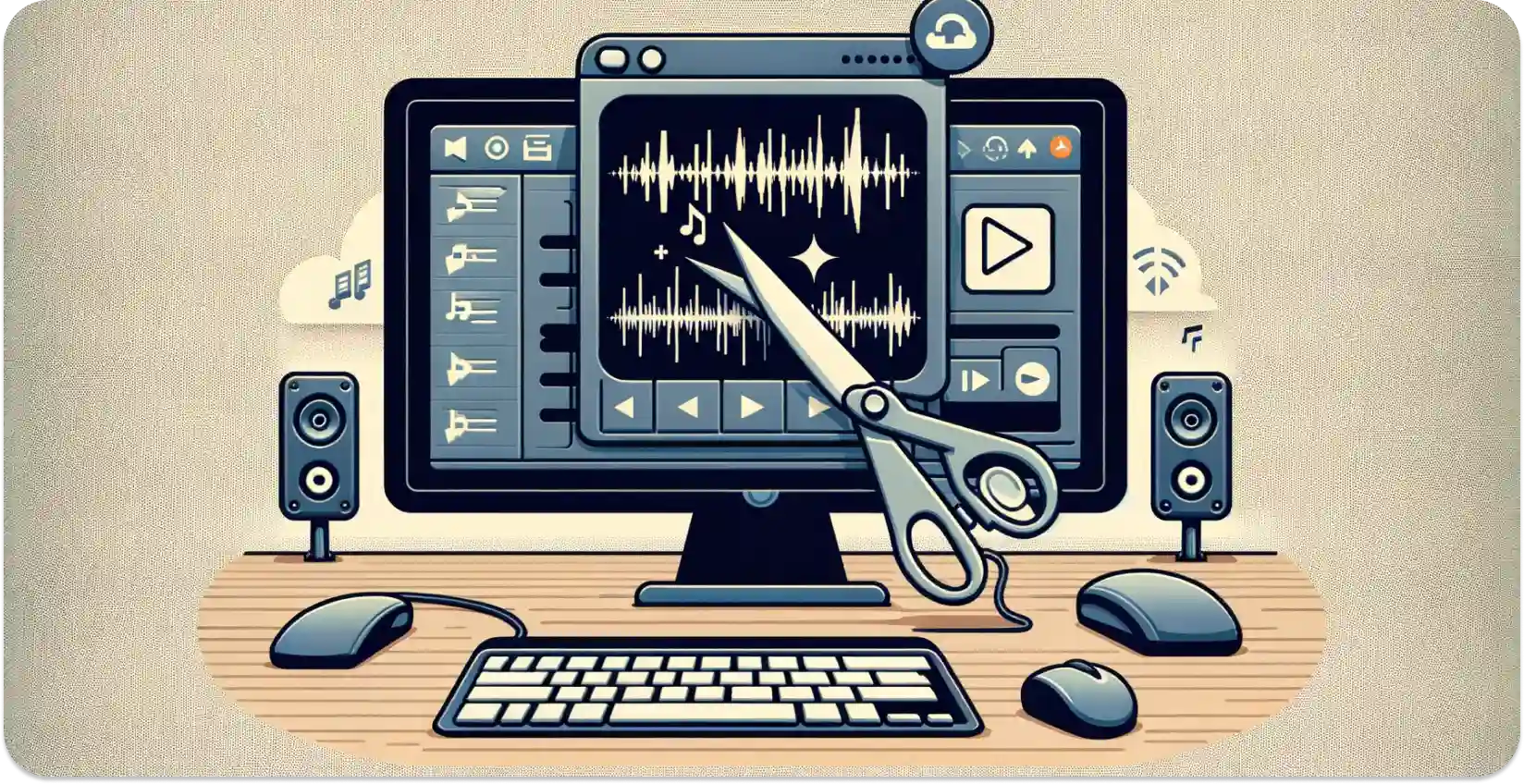Interfață software de tăiere audio desktop cu editare a formei de undă și controale multimedia.