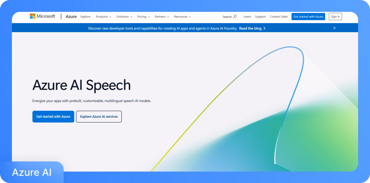 דף Azure AI Speech למודלים מותאמים אישית של בינה מלאכותית קולית.