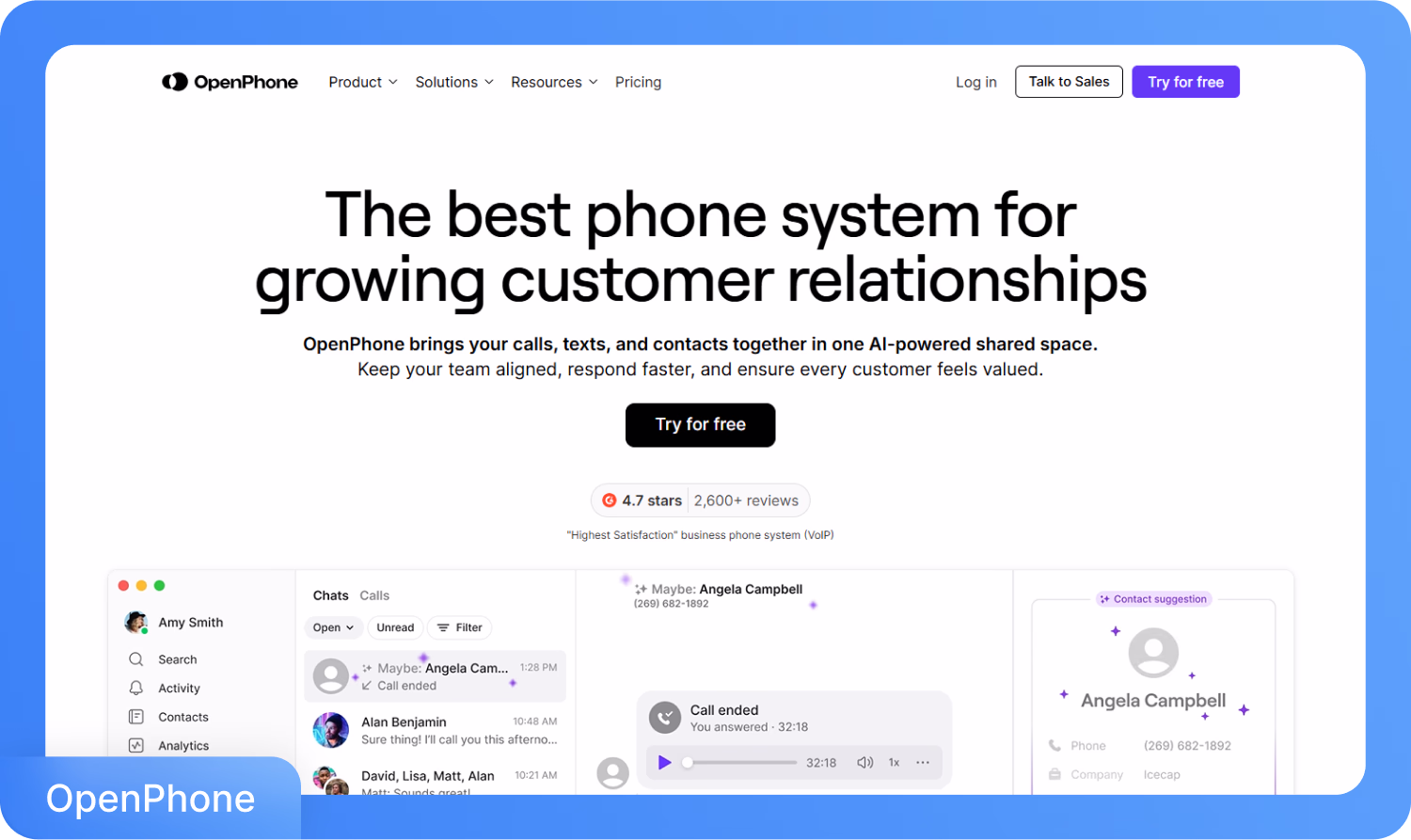 OpenPhone'un çağrı yönetimi ve yapay zeka destekli özelliklere sahip iş telefon sistemi arayüzü