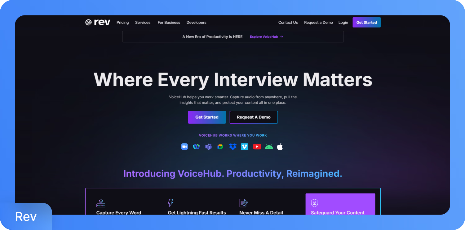 Rev'in VoiceHub platformu, röportaj yazıya dökme ve üretkenlik araçlarını gösteriyor