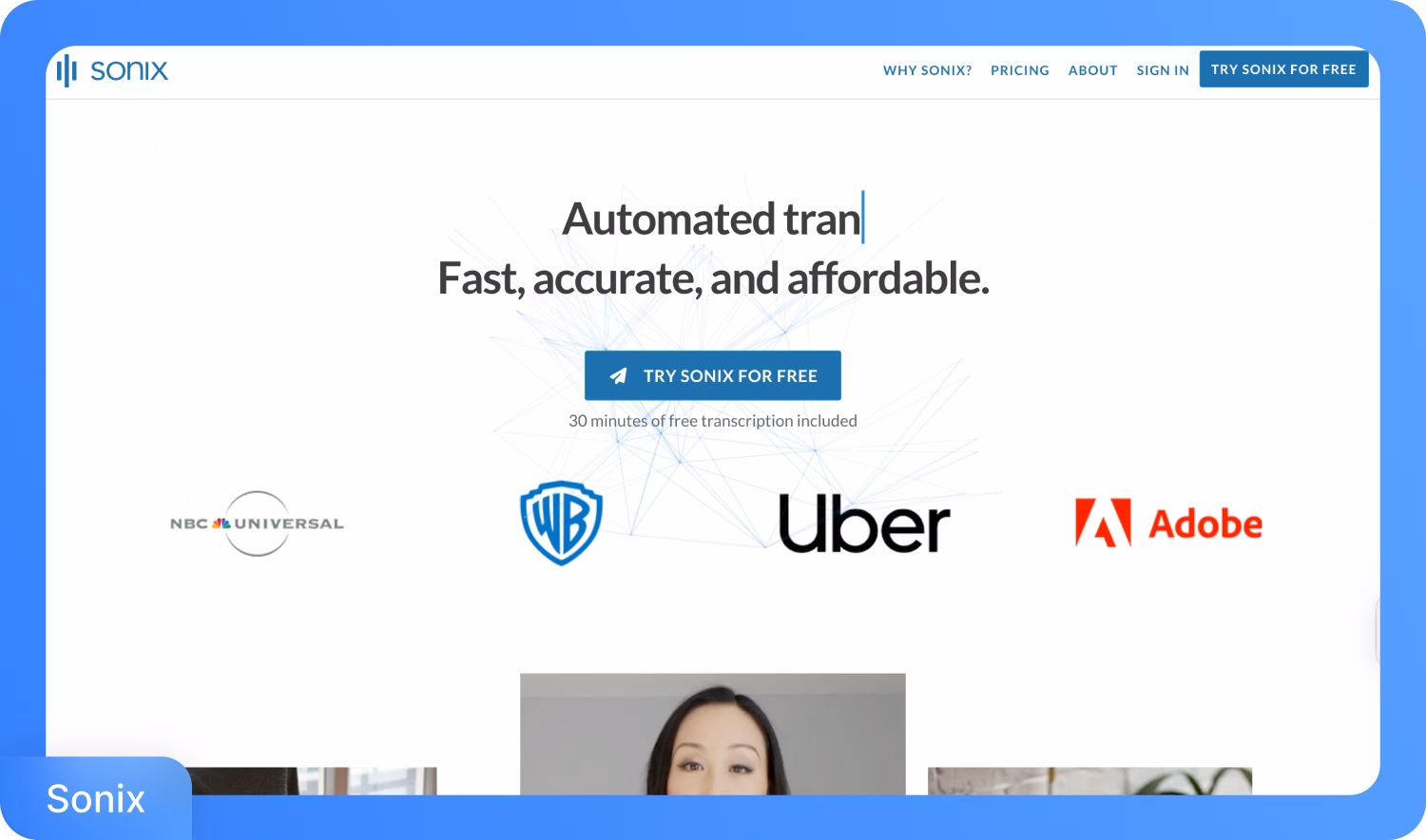 Página principal de Sonix destacando servicios de transcripción automatizada.