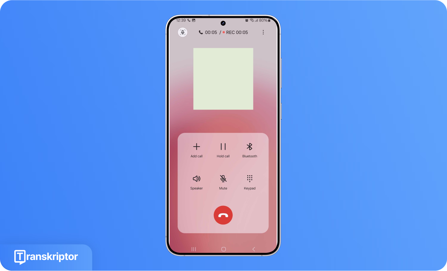 Arama kaydetme kontrolleri ve zamanlayıcıyı gösteren aktif telefon arayüzü