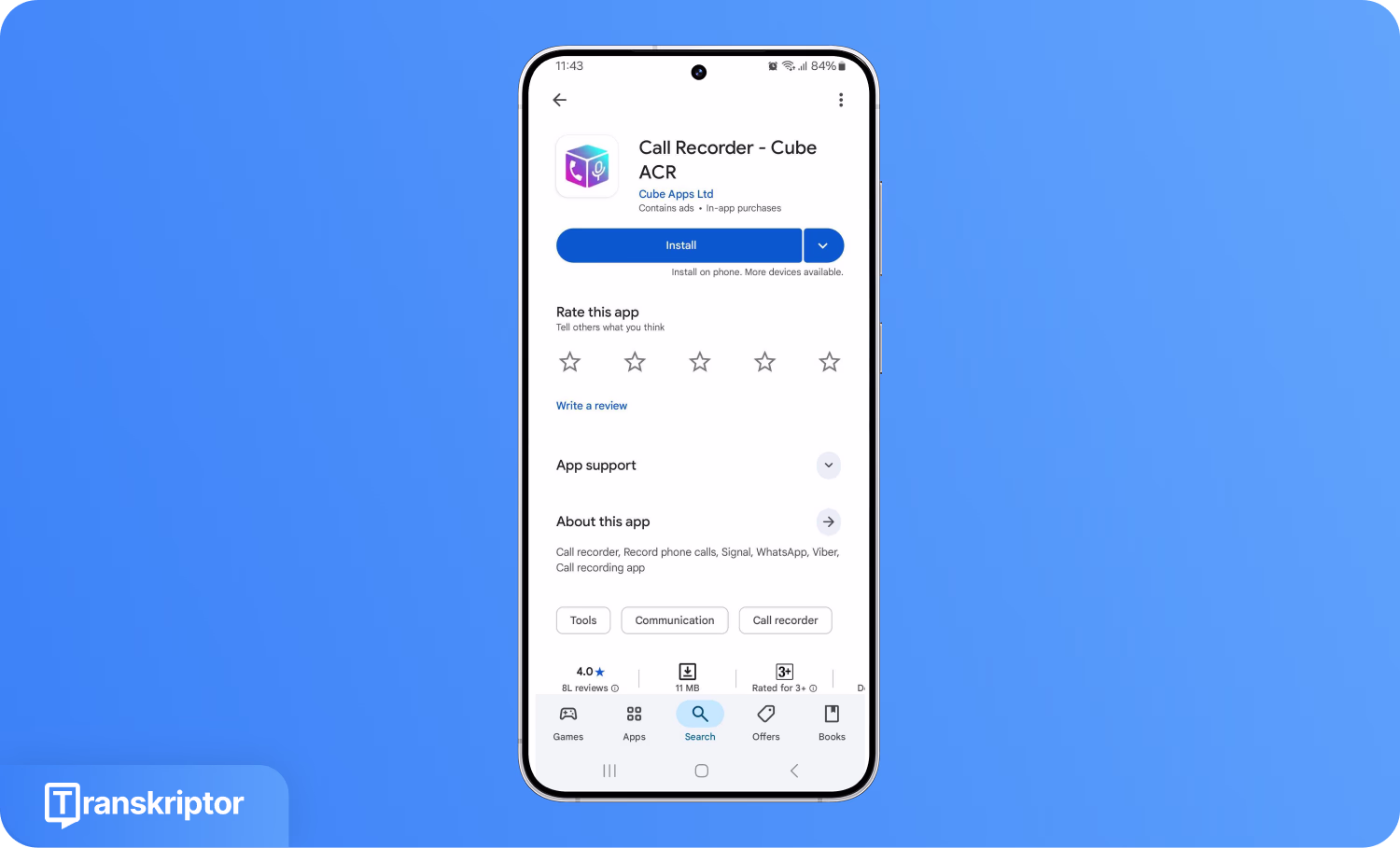 Kurulum ve derecelendirme seçeneklerini gösteren Cube Call Recorder uygulama mağazası listesi