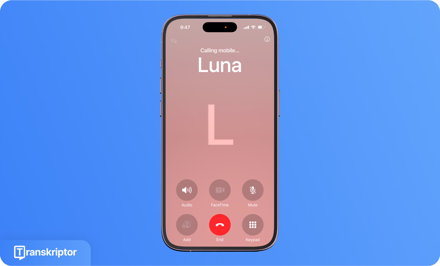 Luna kişi ile aktif arama zamanlayıcısını gösteren iOS arayüzü