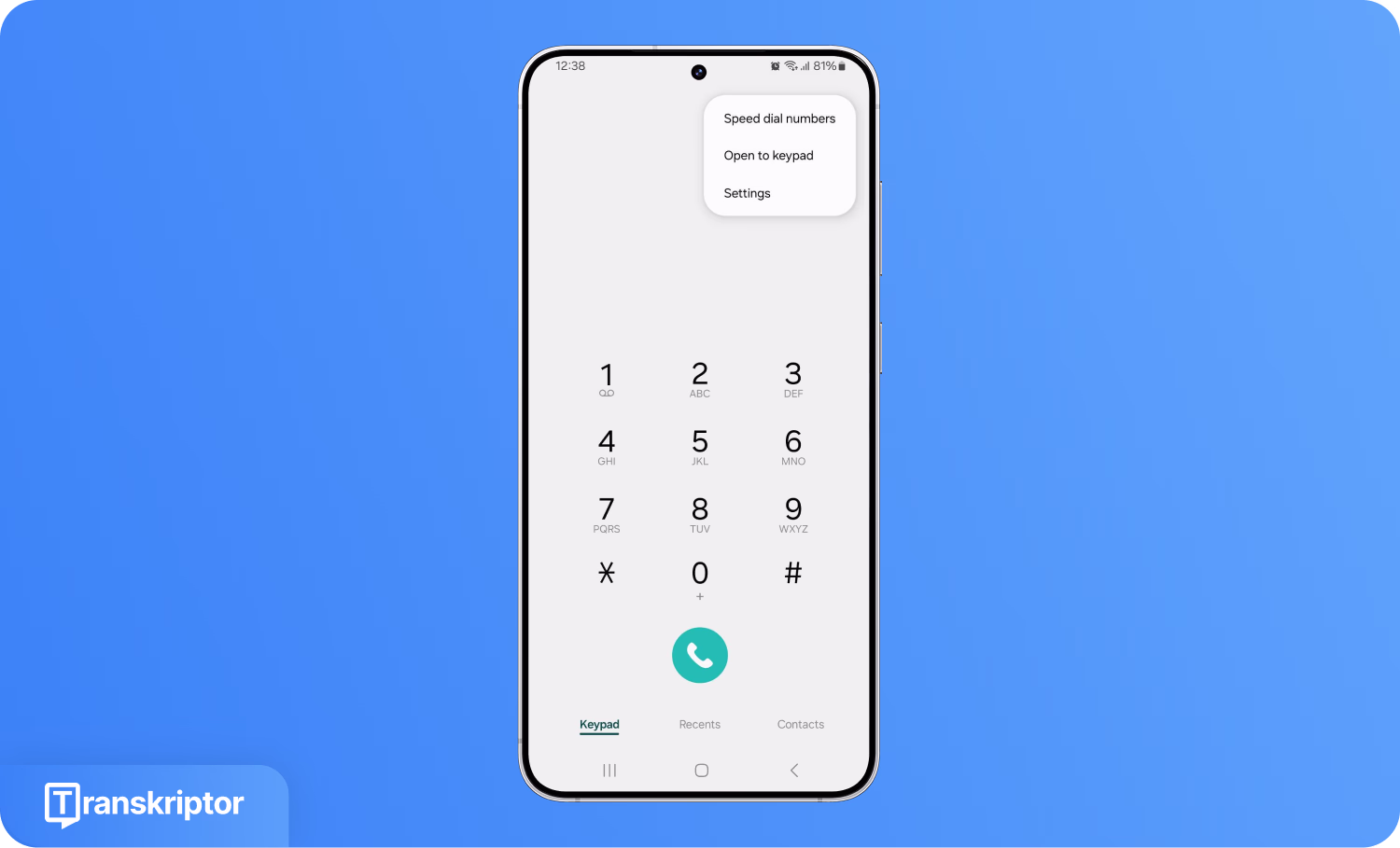 Hızlı arama numaraları ve arama ayarları seçeneklerini gösteren cep telefonu tuş takımı arayüzü