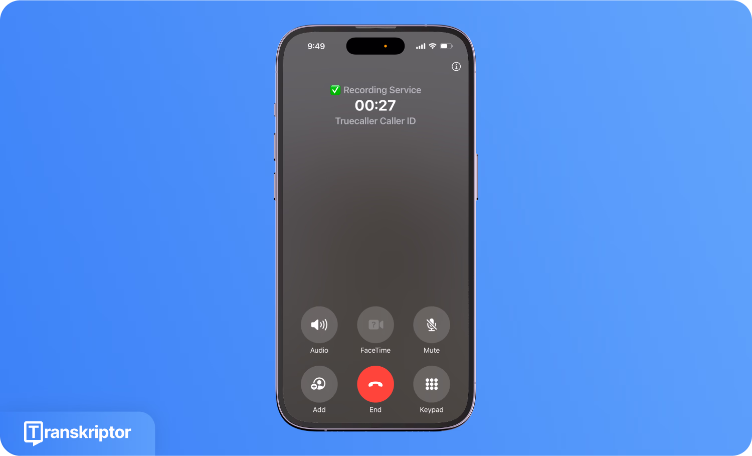 Zamanlayıcı ve Truecaller arayan kimliği ile kayıt hizmeti aktif arama arayüzü