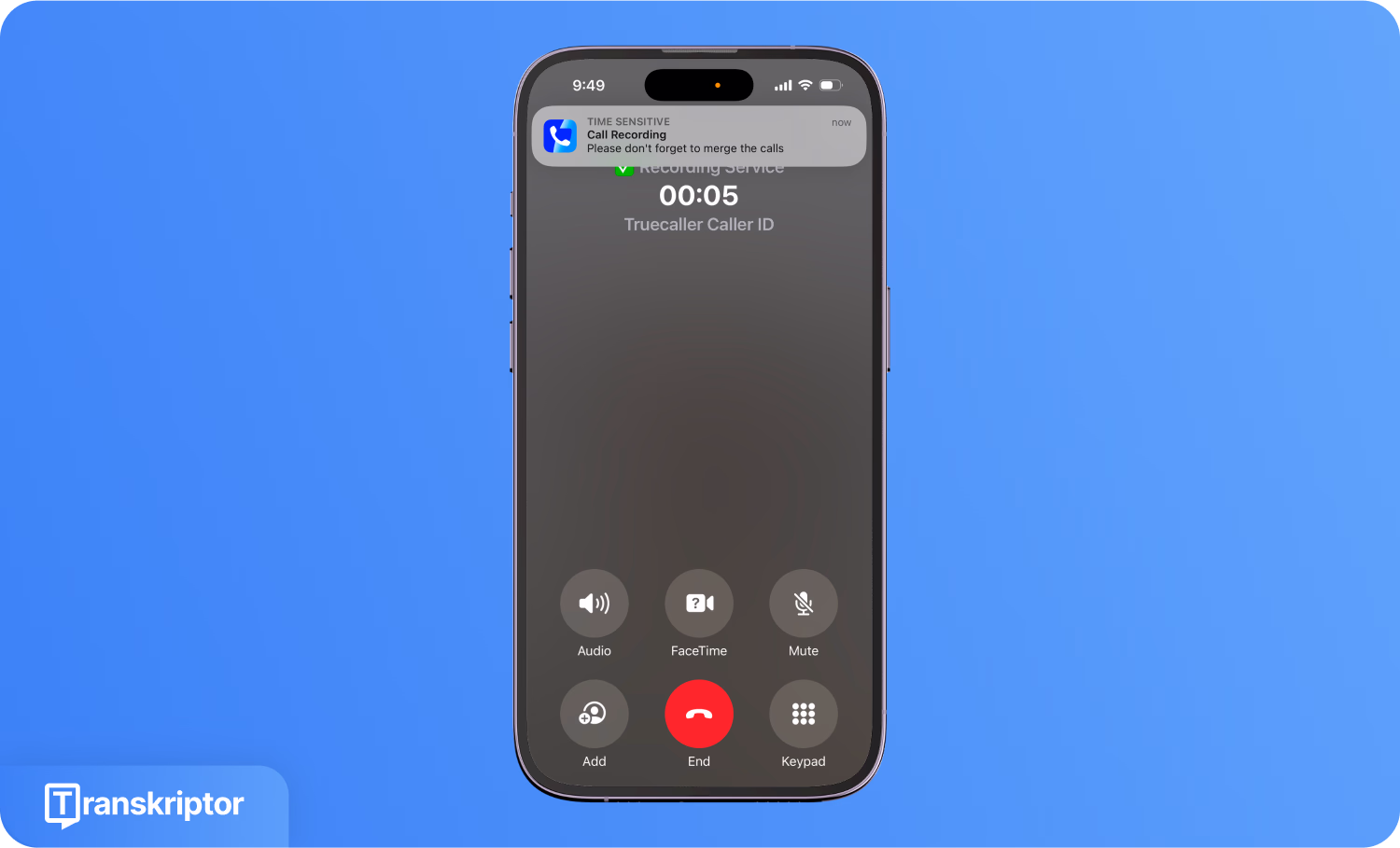 Minimal arama kontrollerini gösteren Truecaller kayıt hizmeti arayüzü