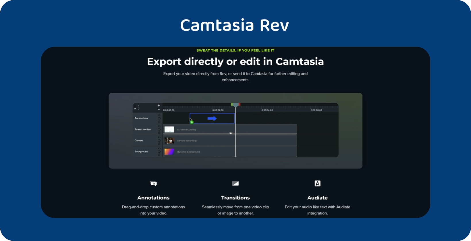 Rozhraní Camtasia se zvýrazněnou možností exportu titulků, což naznačuje zjednodušený pracovní postup titulků.