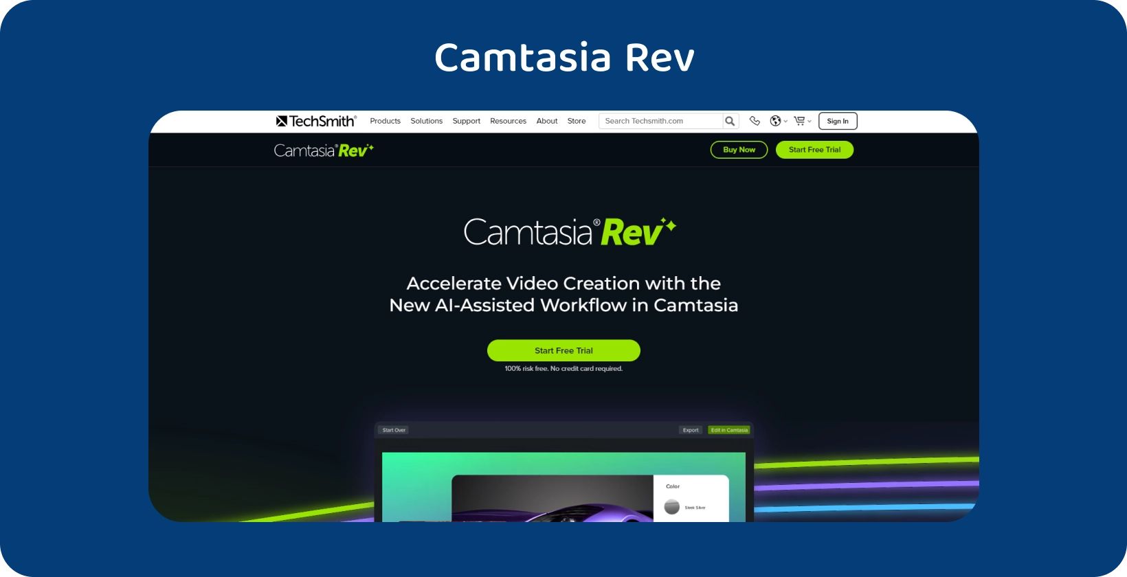 Interface of Camtasia's video editing timeline, highlighting the transcription and editing features.