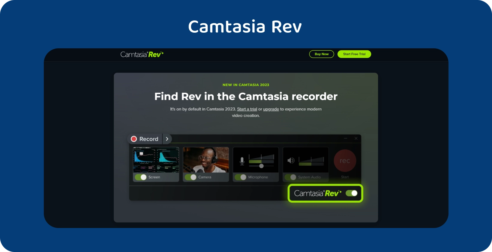 Camtasia Rev's heimasíðu borði, sýningarskápur AI-aðstoðar vídeó sköpun verkfæri til að auka vídeó framleiðslu.