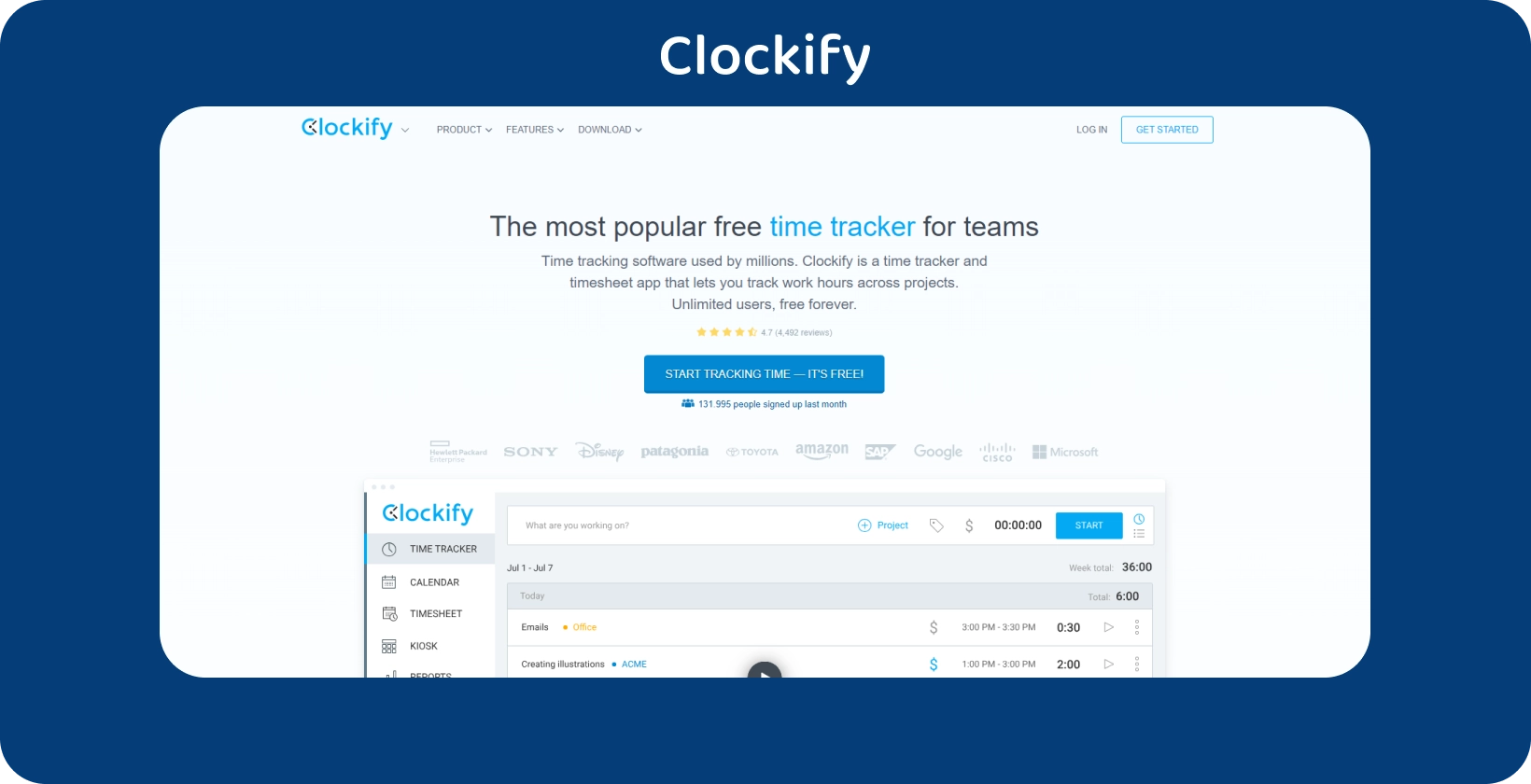 Clockify lietotnes saskarni, kas parāda taimeri un projekta izsekošanu, uzlabojot laika pārvaldību.