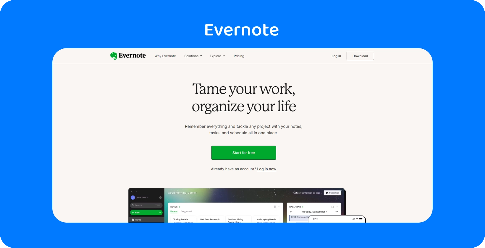 Die Evernote-Startseite hebt Organisationsfunktionen hervor, ähnlich der Transkription von Meetings in unserer App für Anwälte.