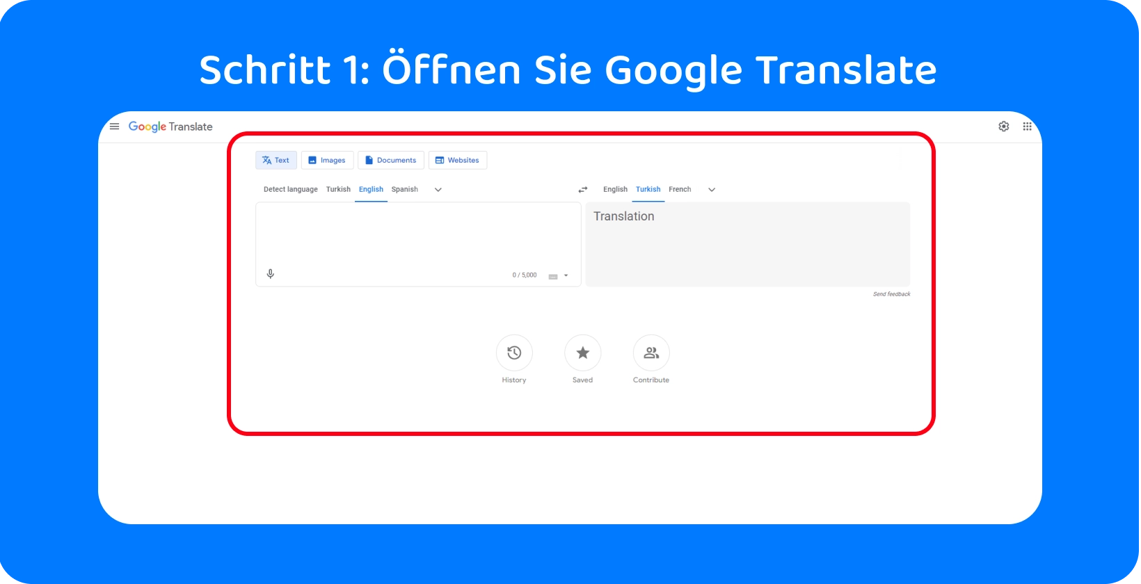Die Google Translate-Schnittstelle ist bereit, gesprochene Wörter in Text umzuwandeln und Schritt 1 im Prozess zu veranschaulichen.