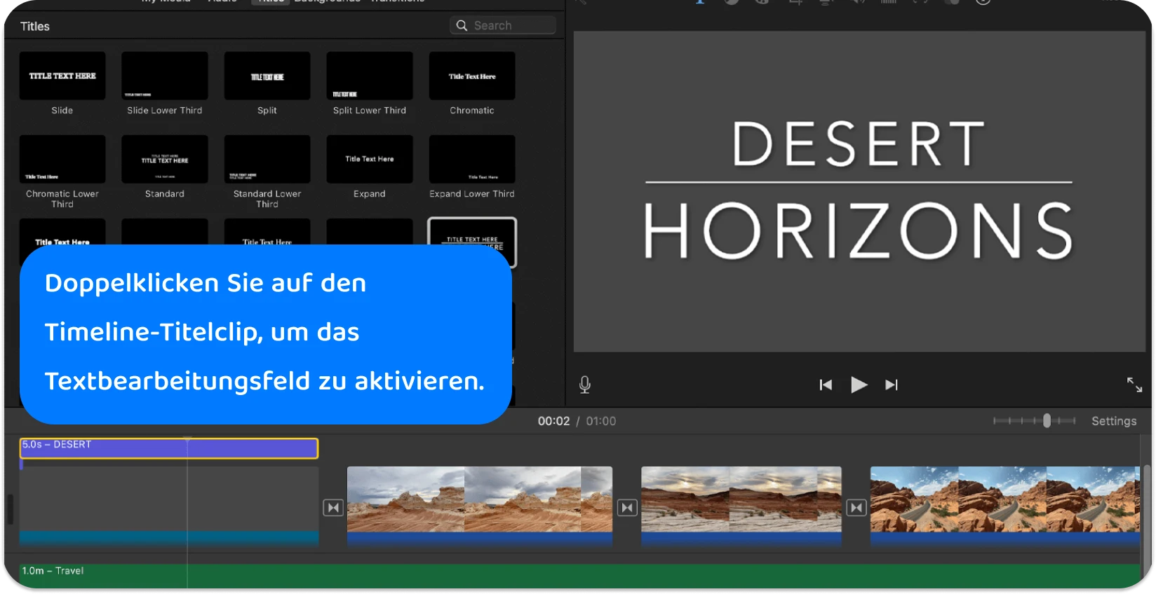 Die Benutzeroberfläche von iMovie Titles zeigt eine Vielzahl von Textstilen und -formaten zum Hinzufügen professioneller Titel zu Videoprojekten an.
