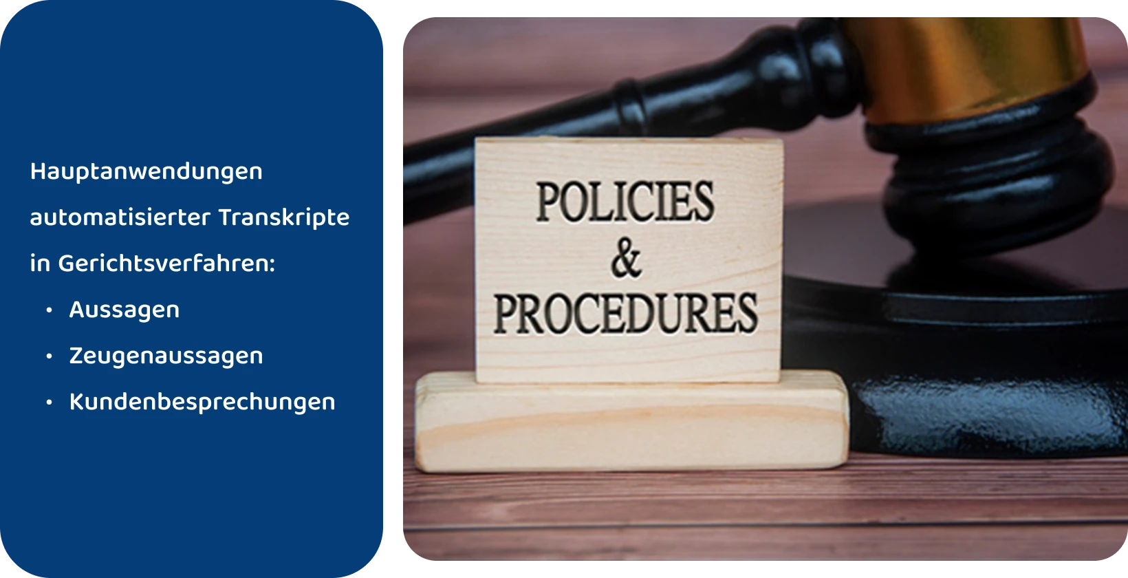 Hammer neben dem Schild "Policies & Procedures", das für rechtliche Standards steht, die von automatisierten Transkriptionstools erfüllt werden.