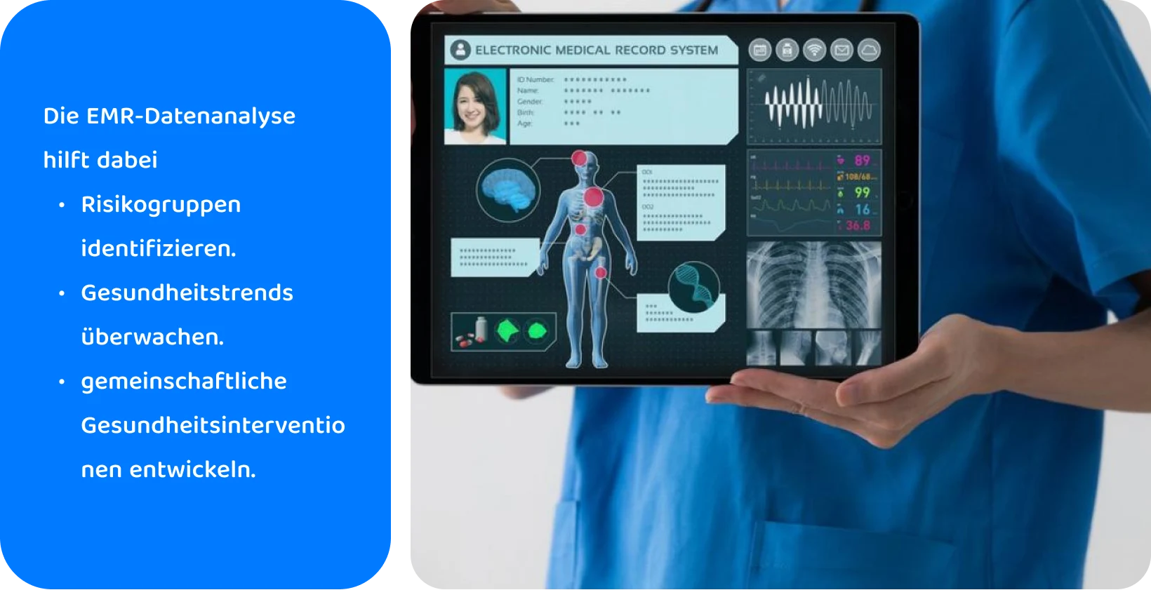 Medizinisches Fachpersonal, das ein Tablet mit einem elektronischen Patientenaktensystem verwendet, um Gesundheitsdaten von Patienten zu analysieren.