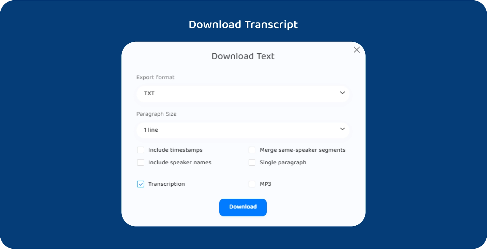 Transkriptor Schnittstelle mit Optionen zum Herunterladen des Textes einer transkribierten Vorlesung.