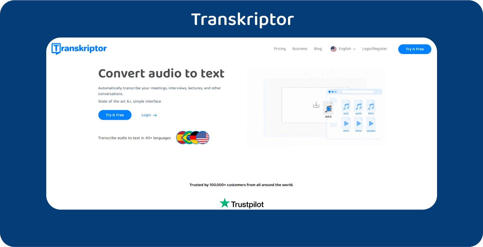 Transkriptor Homepage mit einem klaren Aufruf zum Handeln, der Audio-zu-Text-Transkriptionsdienste anbietet.