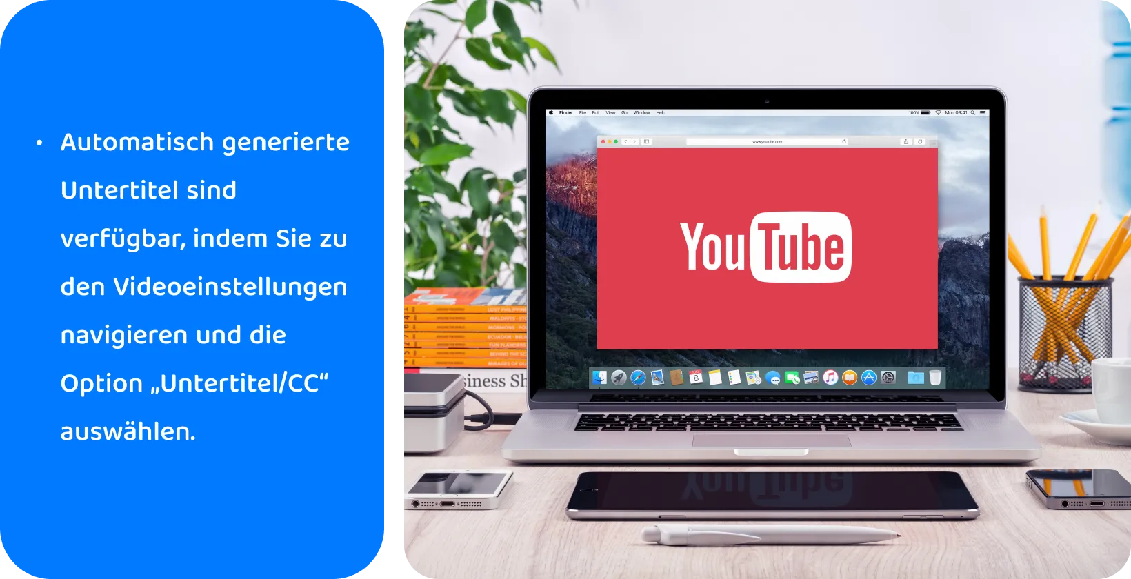 YouTube auf einem Laptop-Bildschirm, um die Verwendung von automatisch generierten Untertiteln für die Barrierefreiheit von Videos und SEO zu fördern.