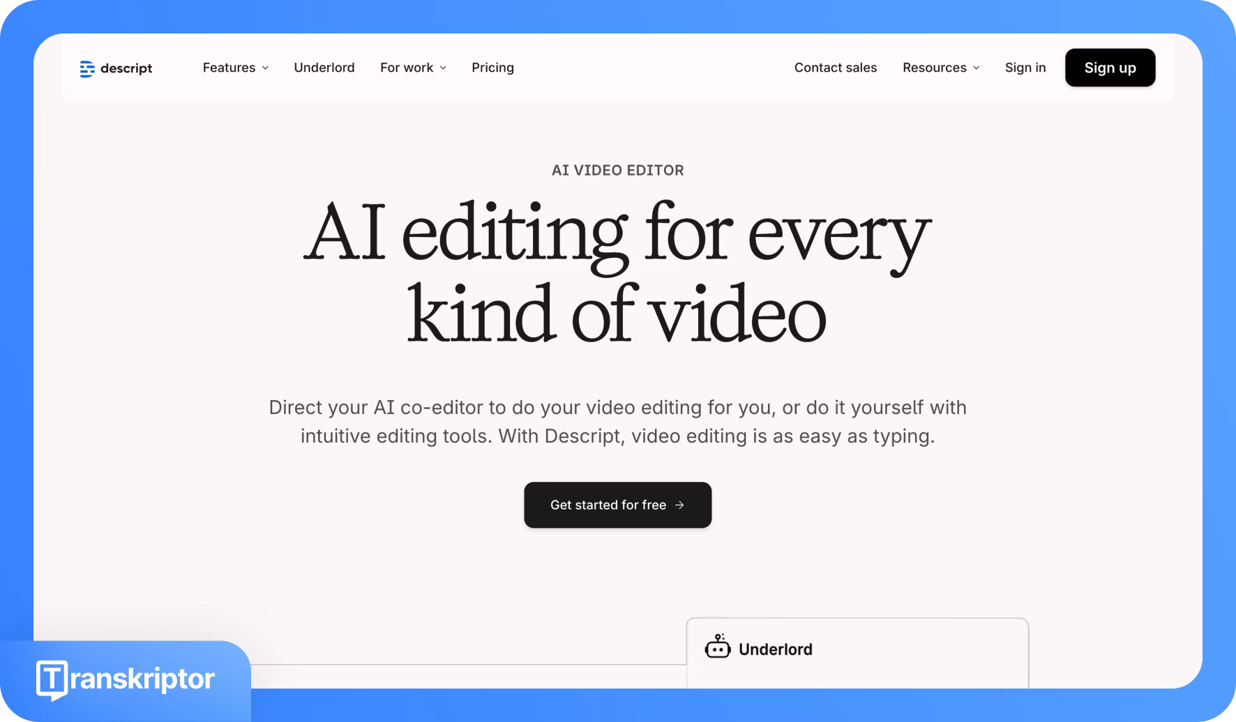 Головна сторінка платформи редагування відео Descript AI з брендингом Transkriptor.