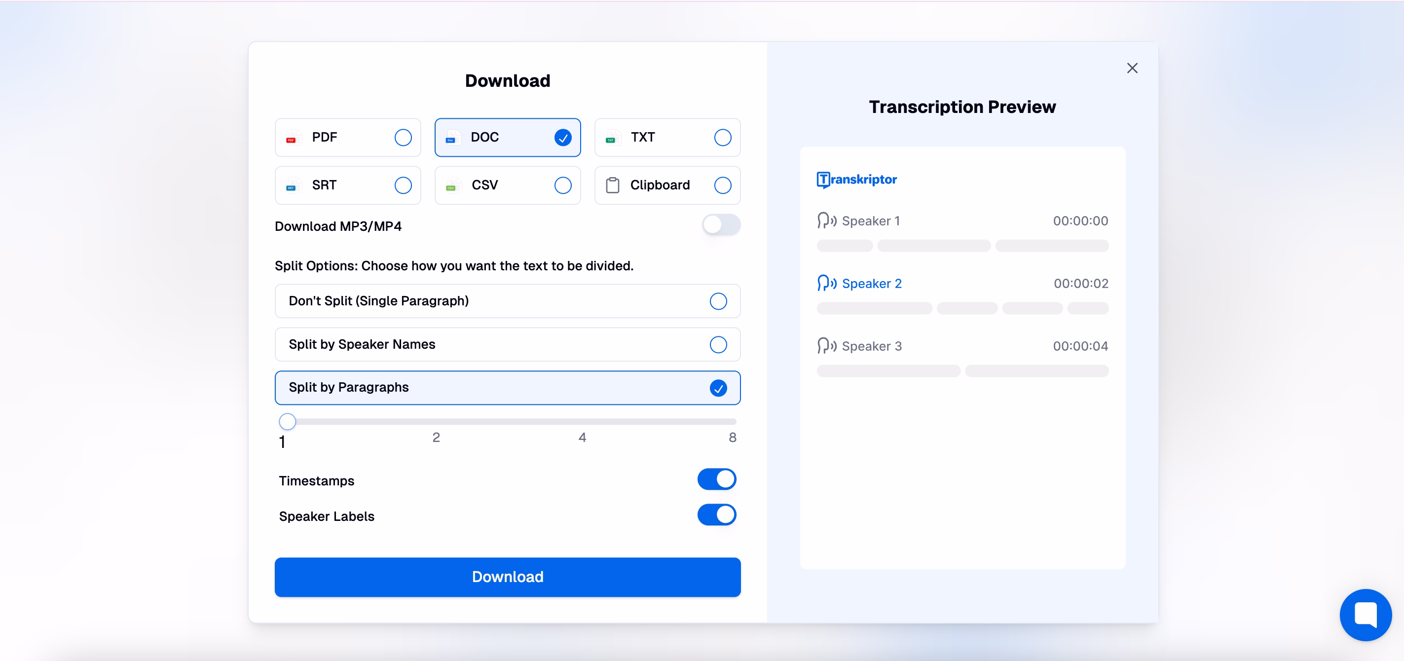 Transkriptor-Download-Optionen mit Dateiformaten und Absatzteilungseinstellungen