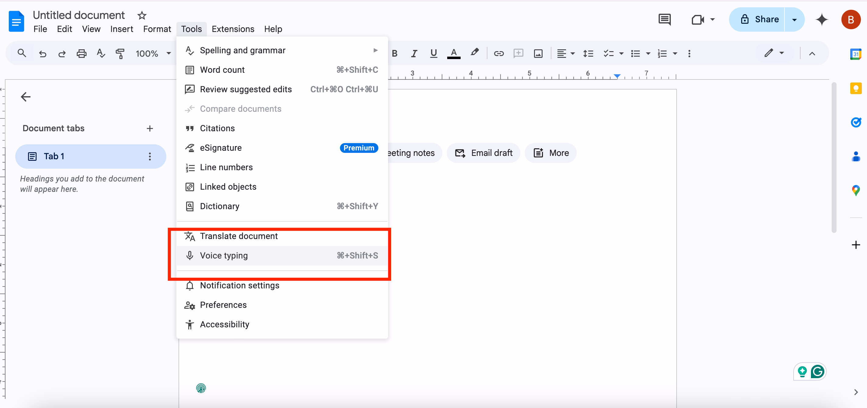 Google Docs Werkzeugmenü mit hervorgehobener Spracherkennungsoption und Tastenkombination