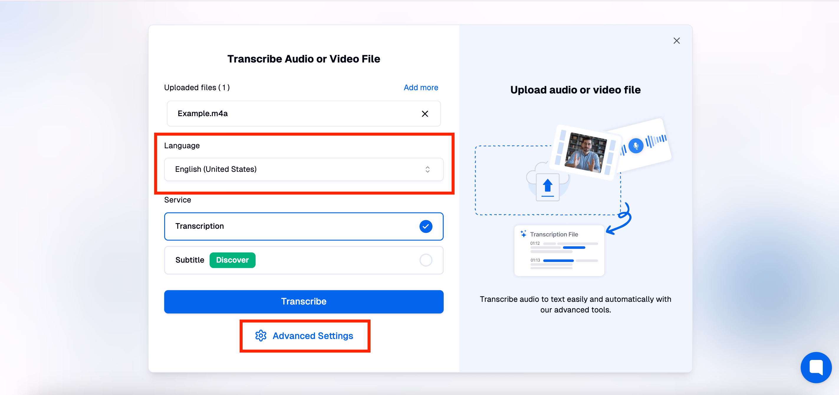 Transkriptor-Sprachauswahl-Dropdown-Menü mit Option Englisch (Vereinigte Staaten)