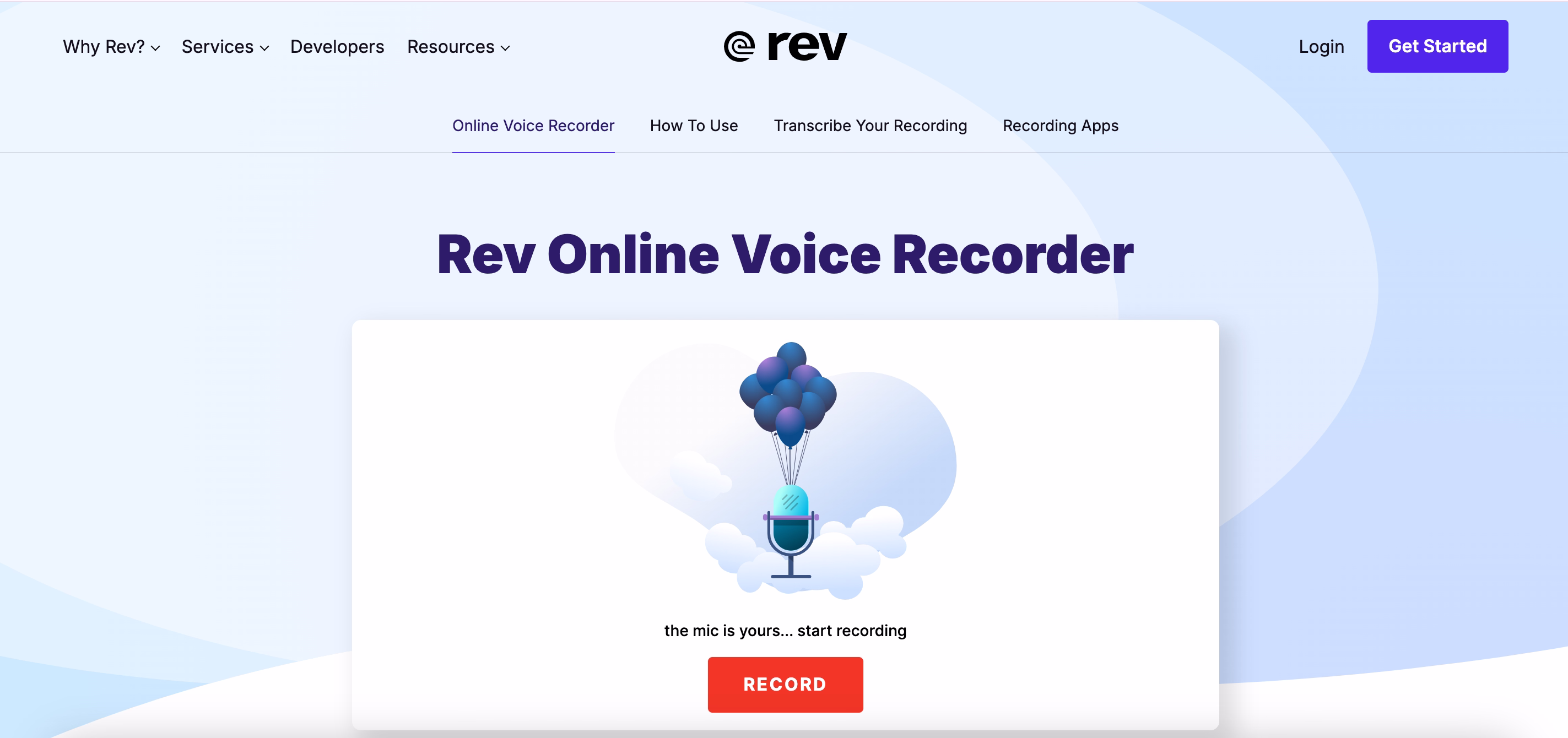Rev-Website mit Online-Sprachaufzeichnungstool und Cloud-Illustration