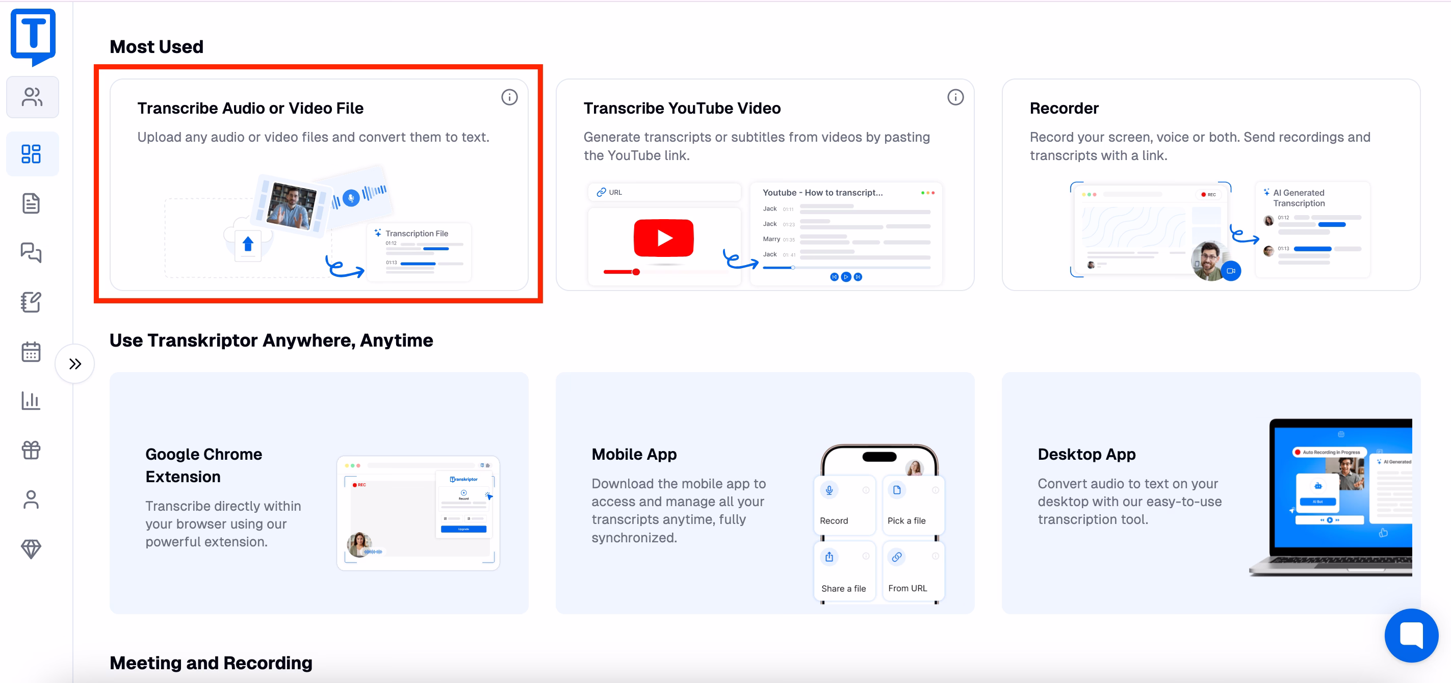 Transkriptor-Dashboard mit Audiodatei-Upload-Option und illustriertem Upload-Prozess