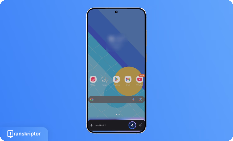 Schermata iniziale Android che mostra l'integrazione di Google Assistant e Gemini AI per i comandi vocali