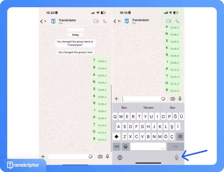 Schermate della chat di WhatsApp che mostrano la composizione del messaggio e le singole lettere dettate