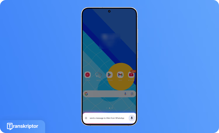 Interfaccia di Google Assistant che mostra la composizione di messaggi WhatsApp tramite comandi vocali