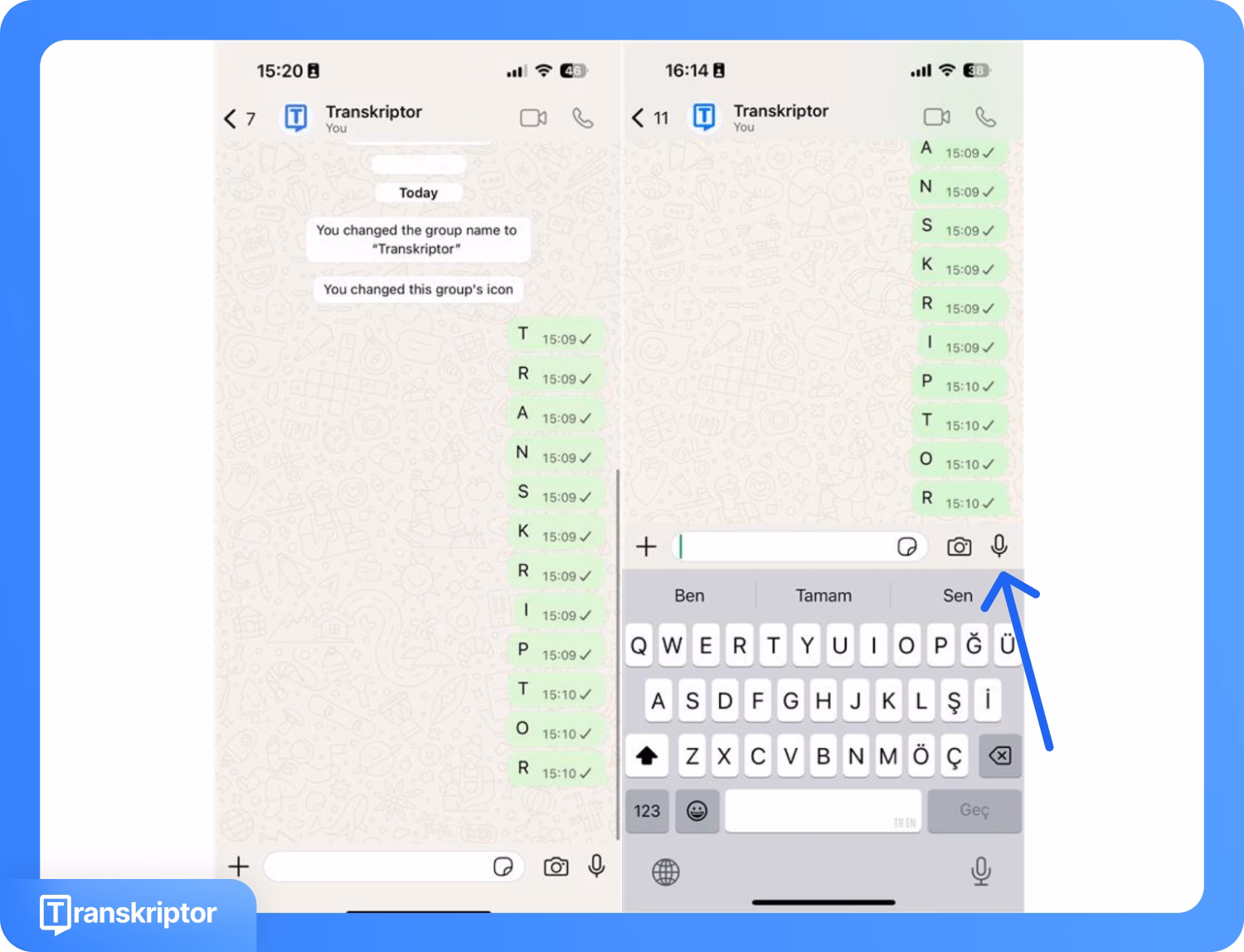 WhatsApp pokalbių sąsaja su Transkriptor, rodanti mikrofono ikoną žinučių diktavimui.