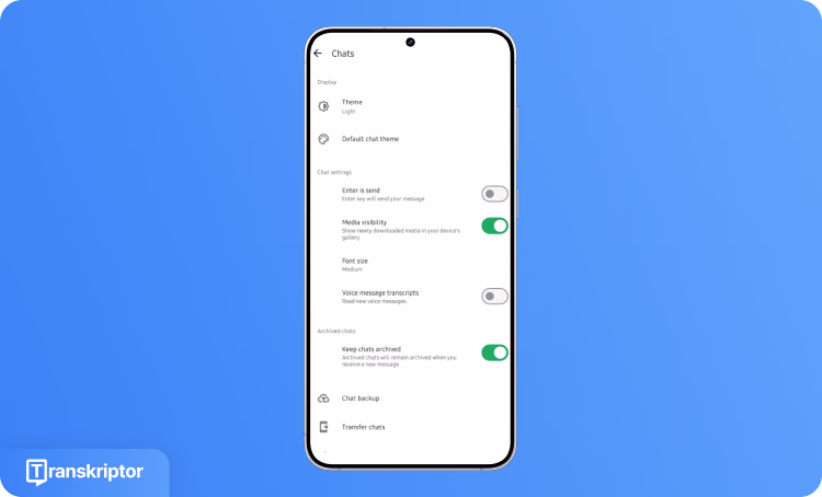 Schermata delle impostazioni di WhatsApp che mostra le trascrizioni dei messaggi vocali e le opzioni di configurazione della chat