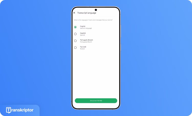 Schermata di selezione della lingua per la trascrizione vocale di WhatsApp con diverse opzioni linguistiche