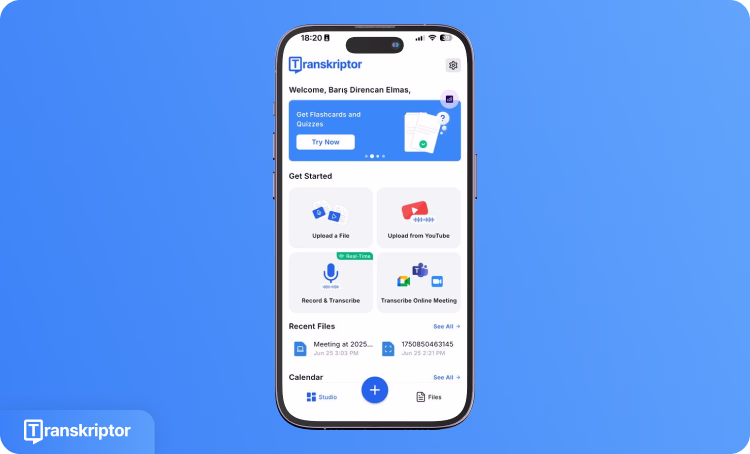 Dashboard dell'app Transkriptor che mostra le opzioni di caricamento file e trascrizione per gli utenti