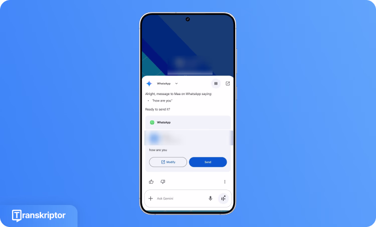 Assistente vocale che conferma il messaggio WhatsApp 'come stai' prima di inviarlo al contatto