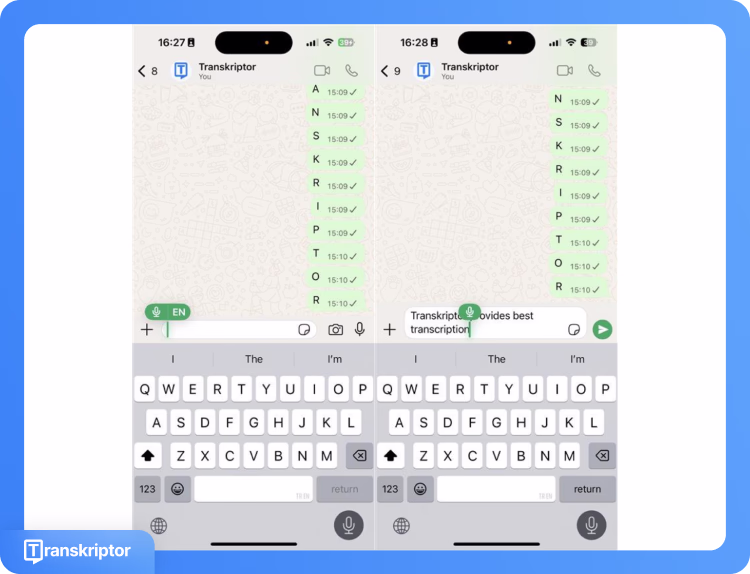 Interfaccia della chat di WhatsApp con input di dettatura vocale e funzionalità di suggerimento automatico visibili