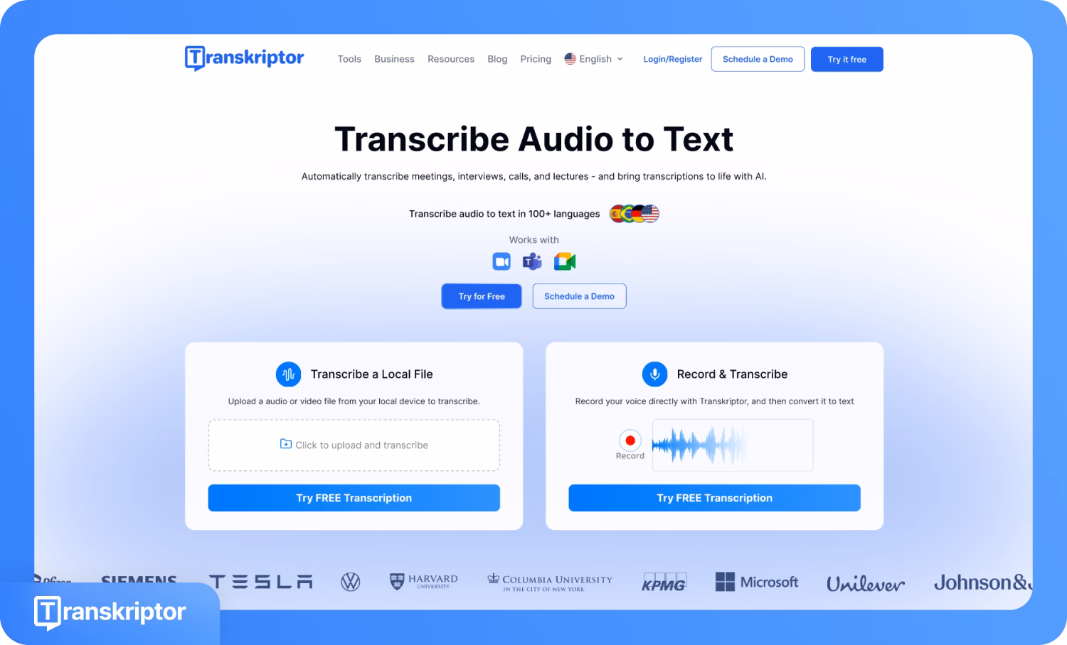 Domovská stránka Transkriptoru prezentující službu převodu zvuku na text pomocí umělé inteligence.