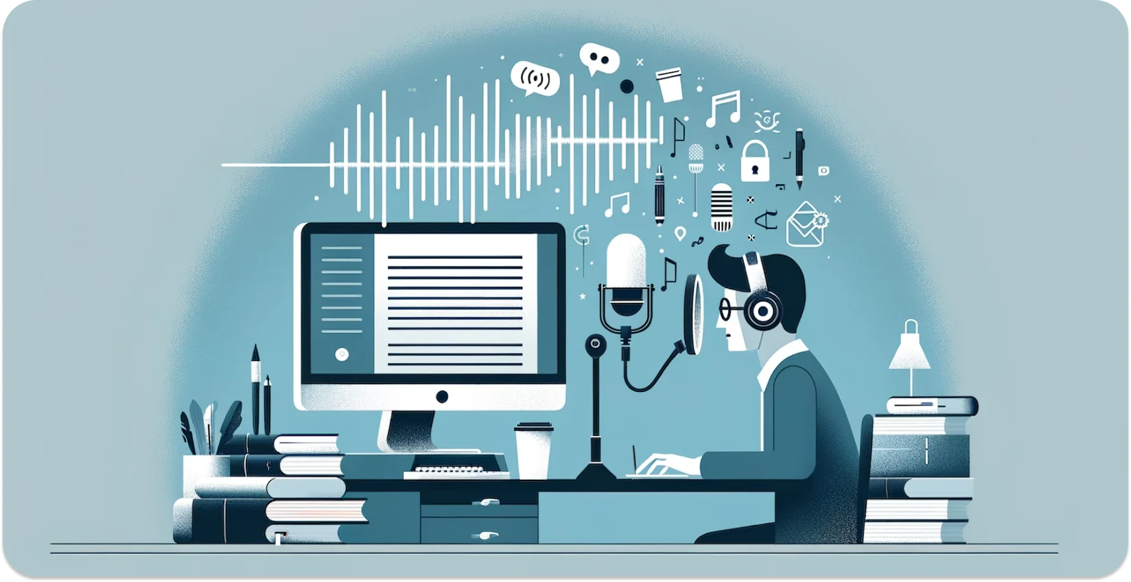 Stylized illustration of a man using dictation software with a waveform and various media icons.