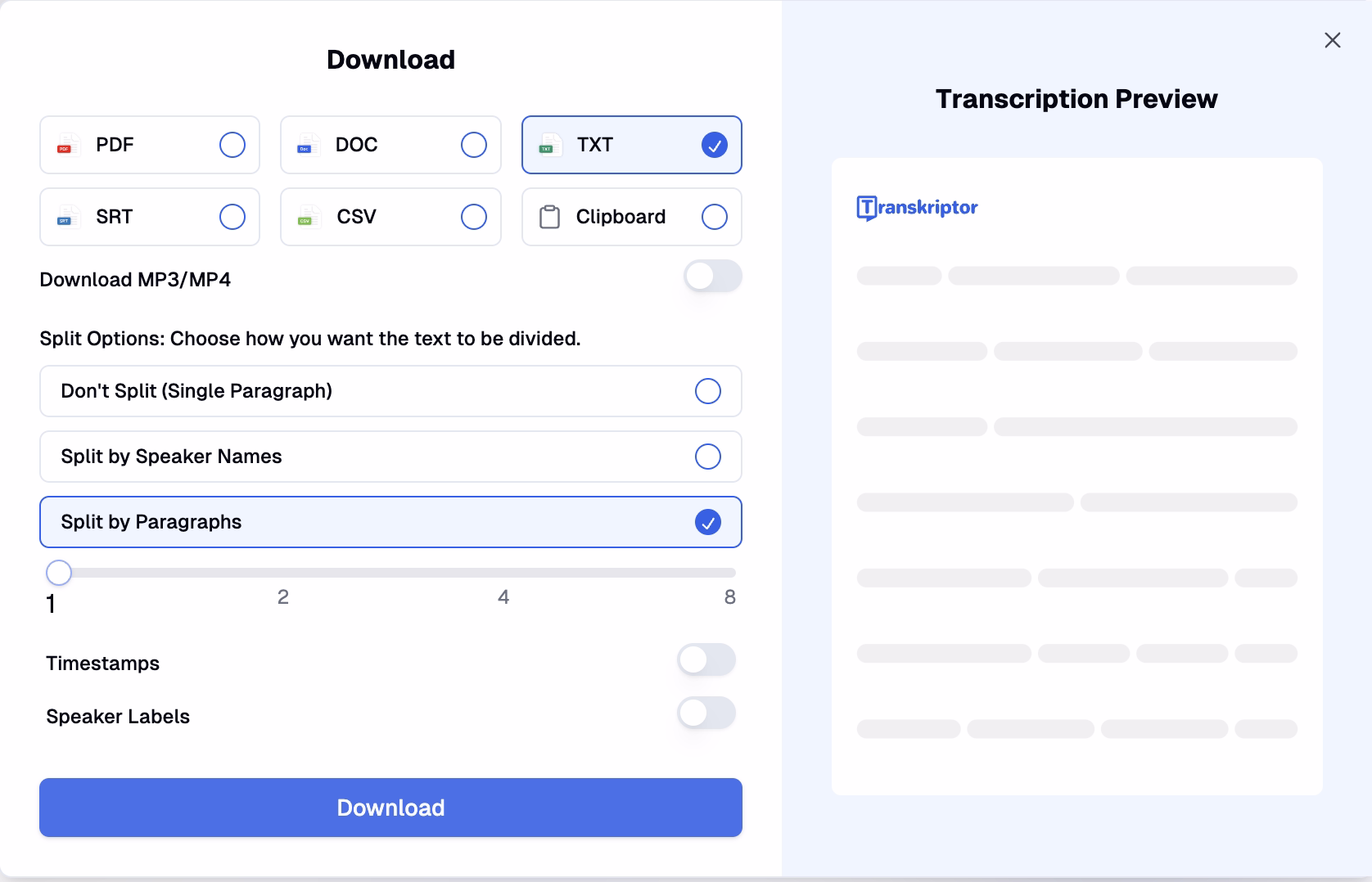 Transkriptor download panel showing various file format options and text organization settings