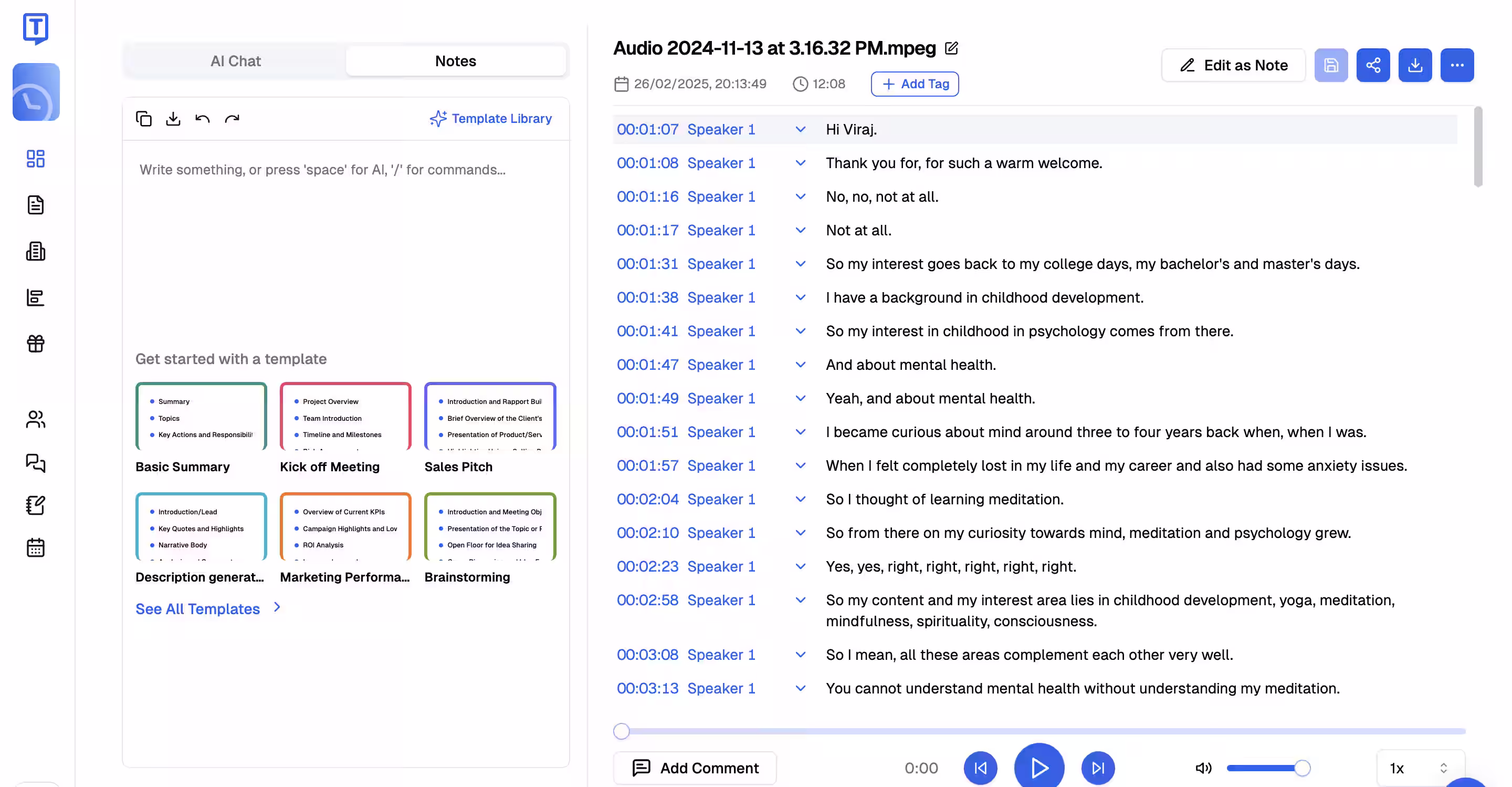 Transkriptor notes interface with template options for different meeting types and playback