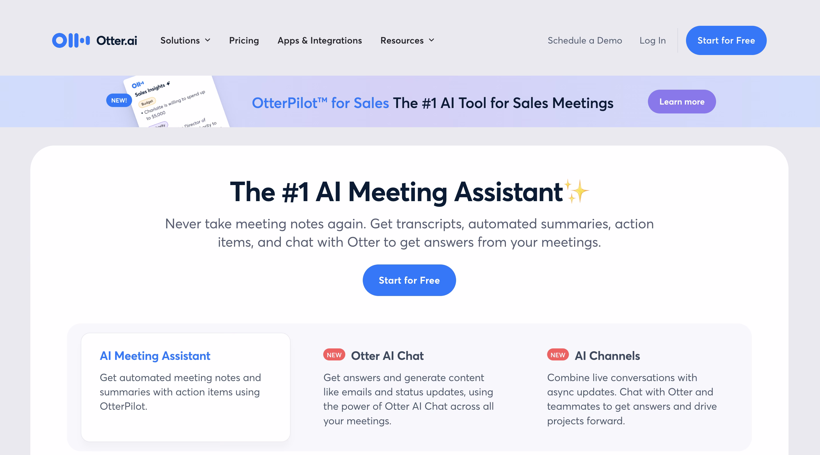 Otter.ai homepage featuring AI meeting assistant tools and automated summary capabilities