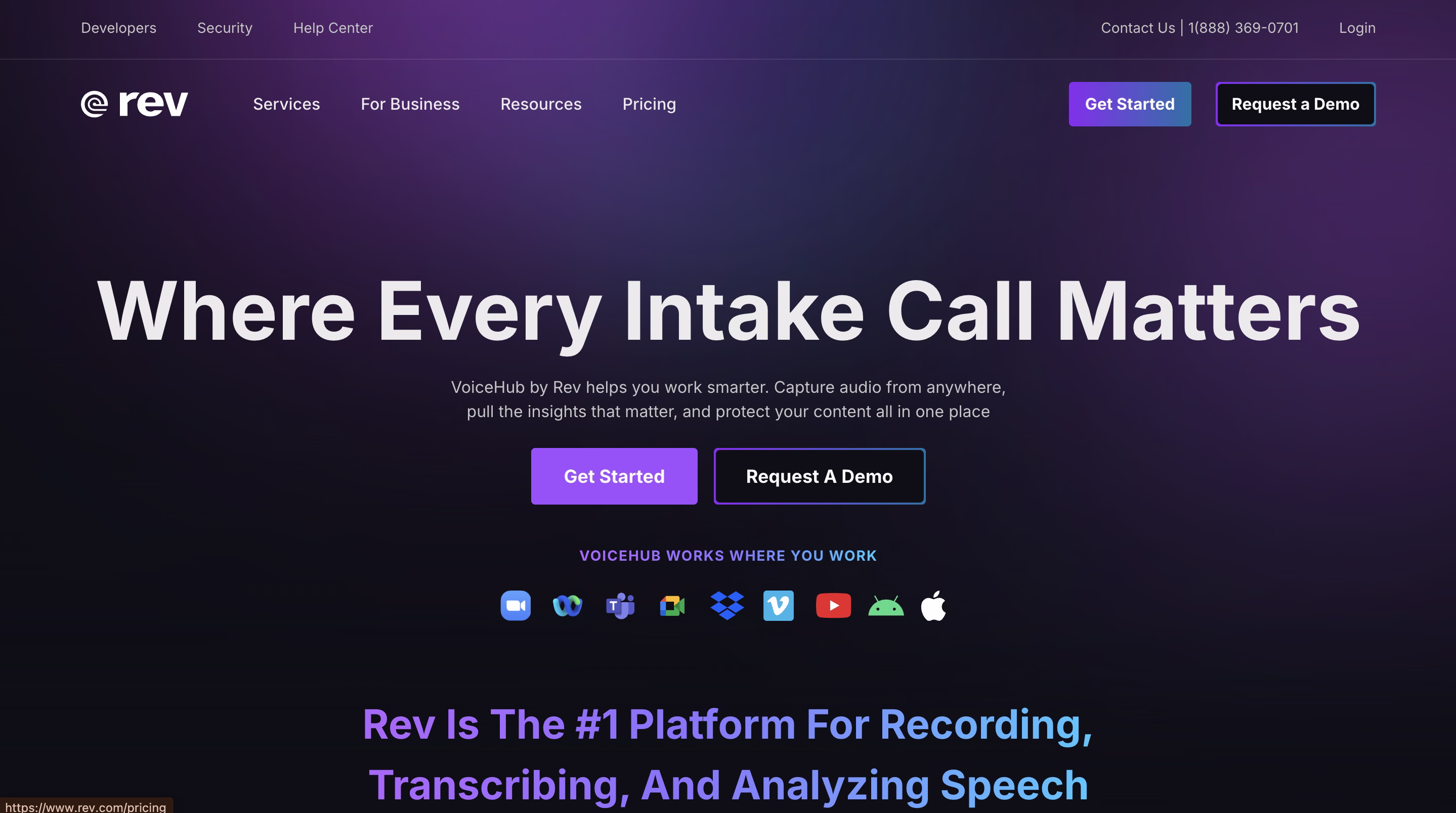 Rev website with purple gradient background showing intake call transcription services
