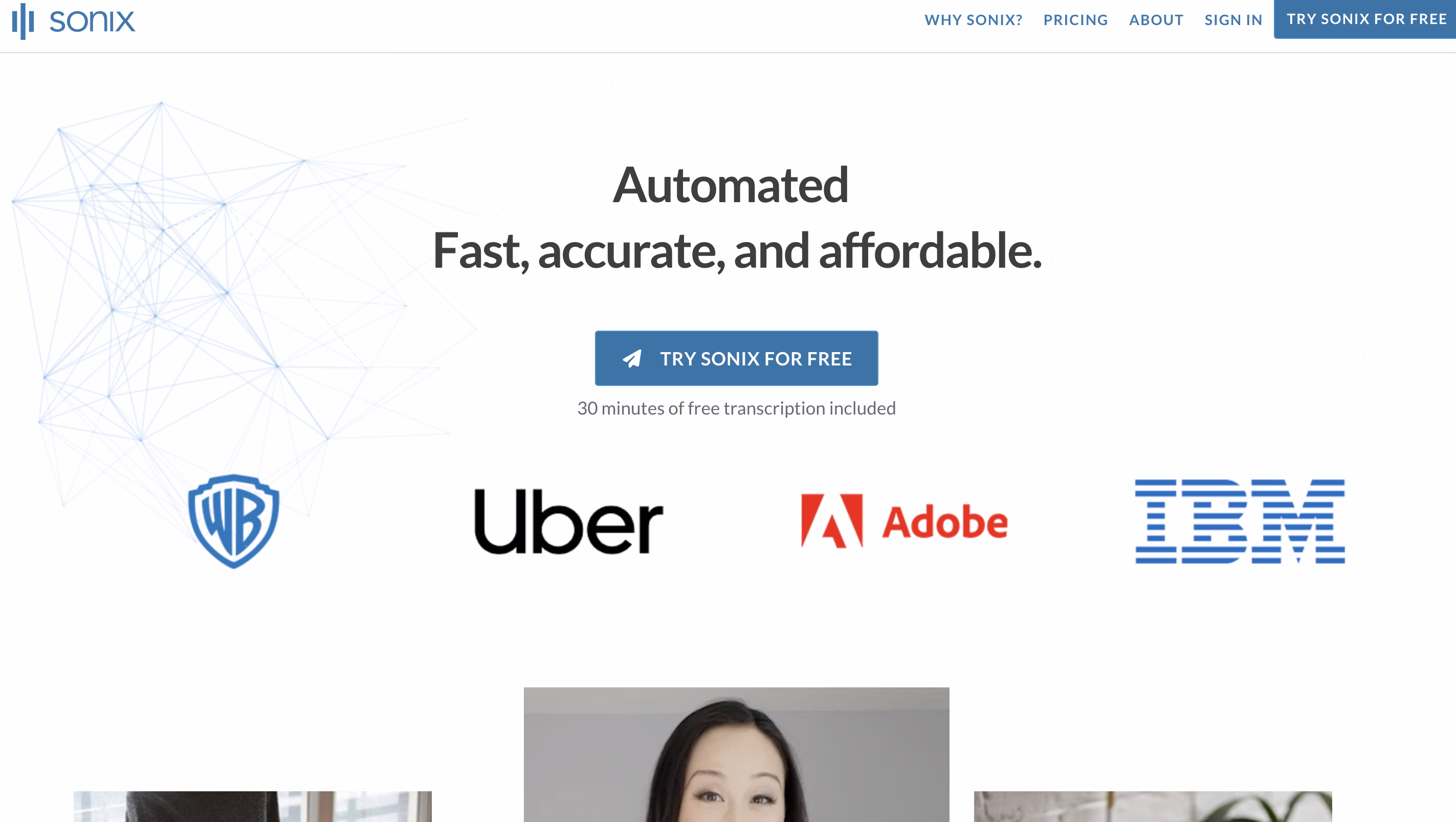 Sonix homepage showcasing automated transcription service with client logos and features