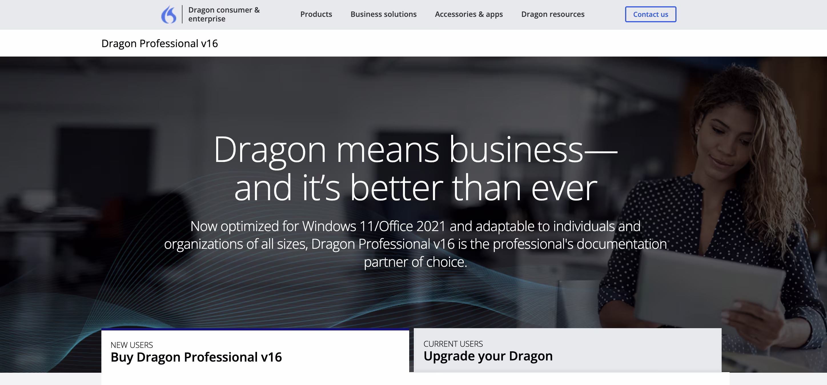 Dragon Professional v16 homepage showcasing speech recognition software