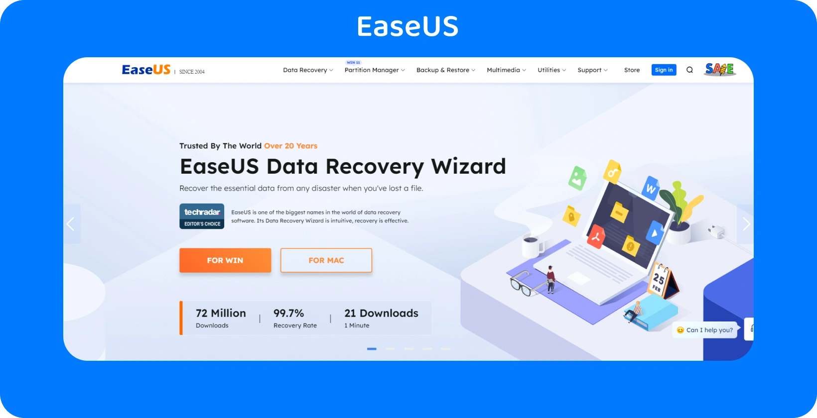 EaseUS Data Recovery Wizardi veebileht, mis pakub usaldusväärset lahendust kaotatud andmete taastamiseks kõrge taastemääraga.