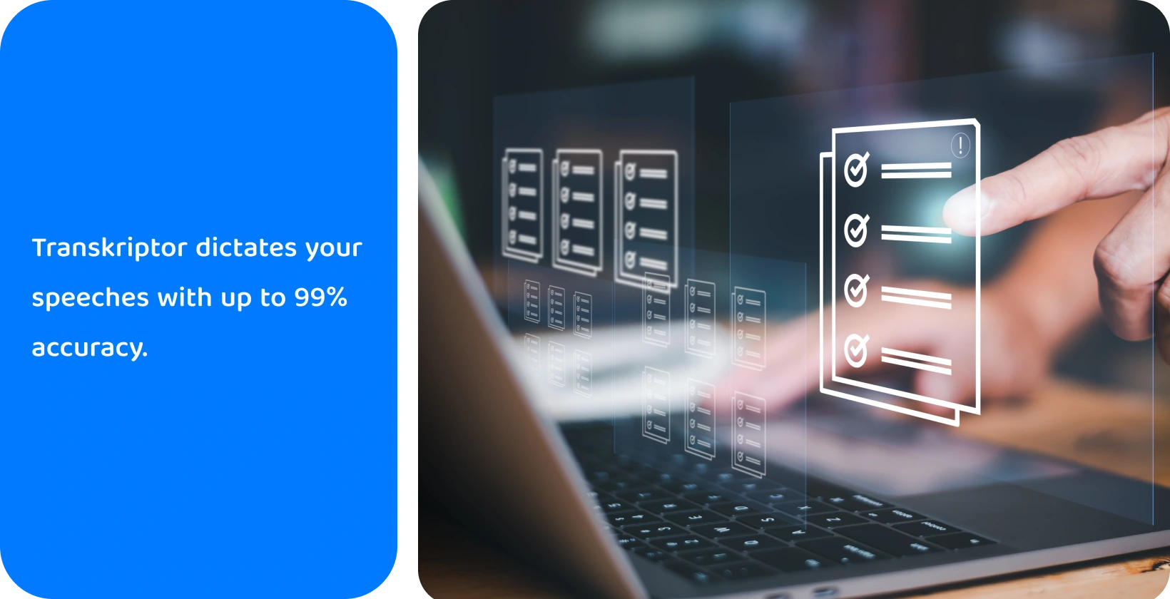 Hand interacting with a checklist on a laptop screen, symbolizing organized audio transcription processes.